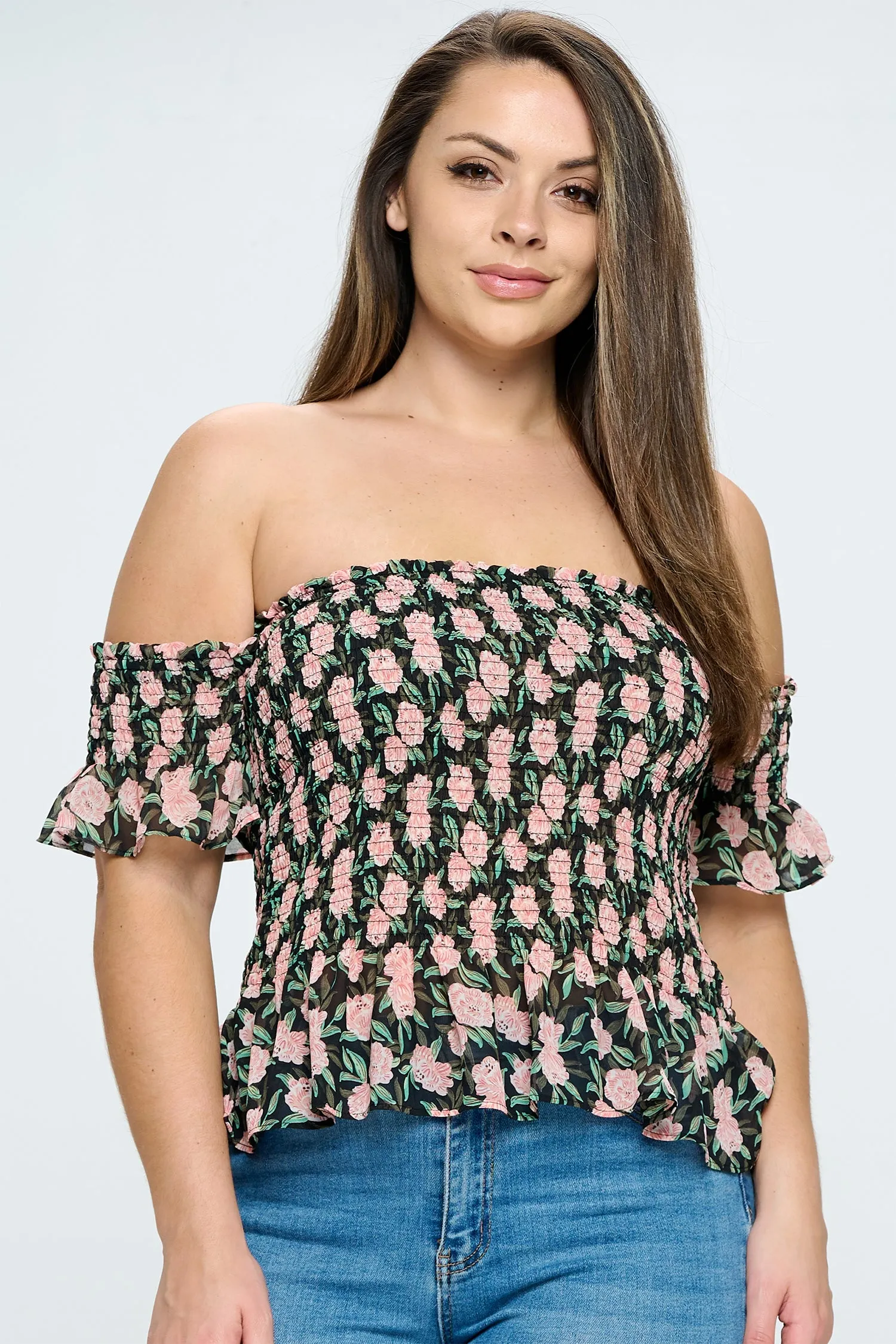 IT5172-PLUS | Tops | Junior Plus Smocked Off Shoulder Blouse
