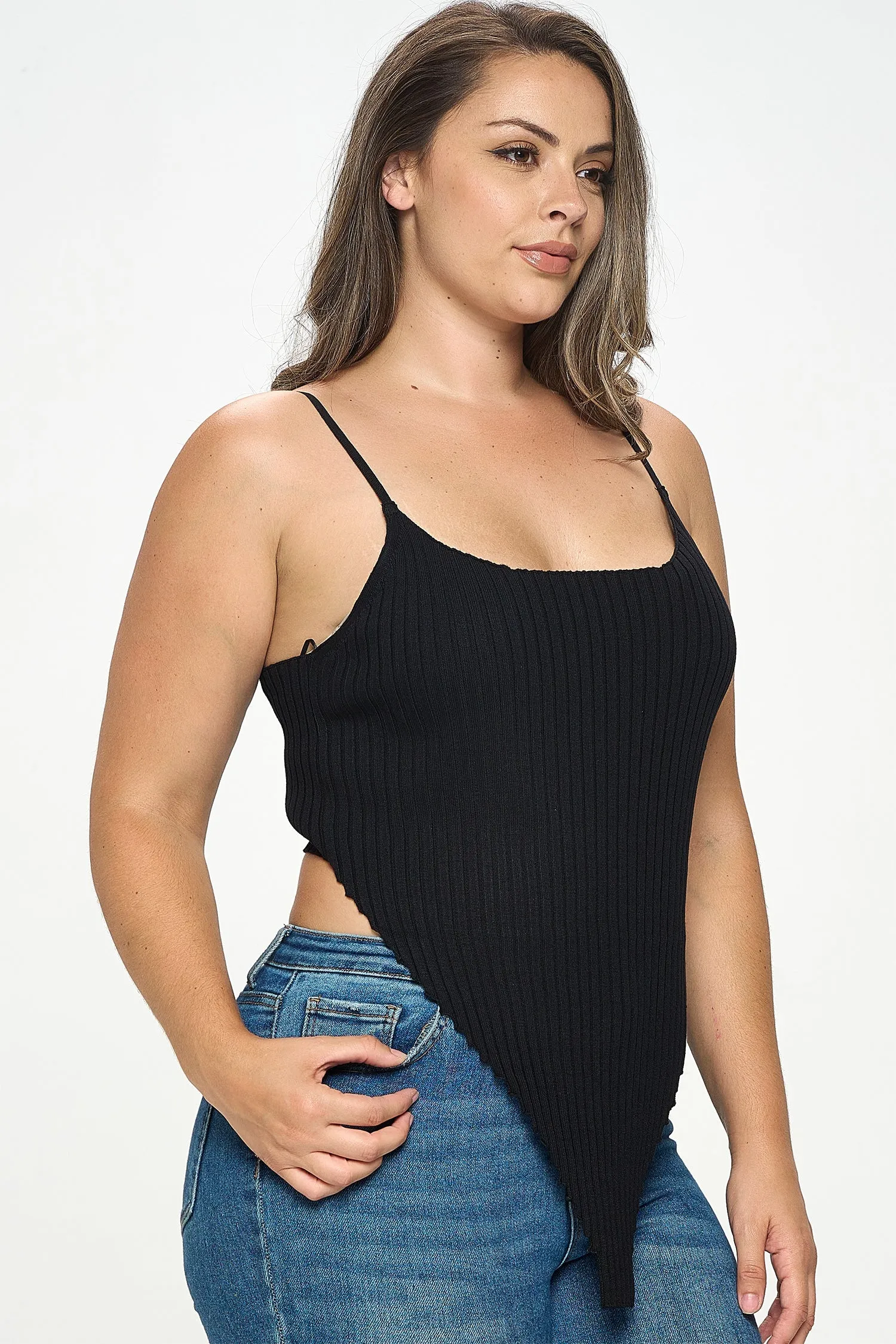 IT5673-PLUS | Tops | Junior Plus Rib Knit Asymmetric Hem Tank Top