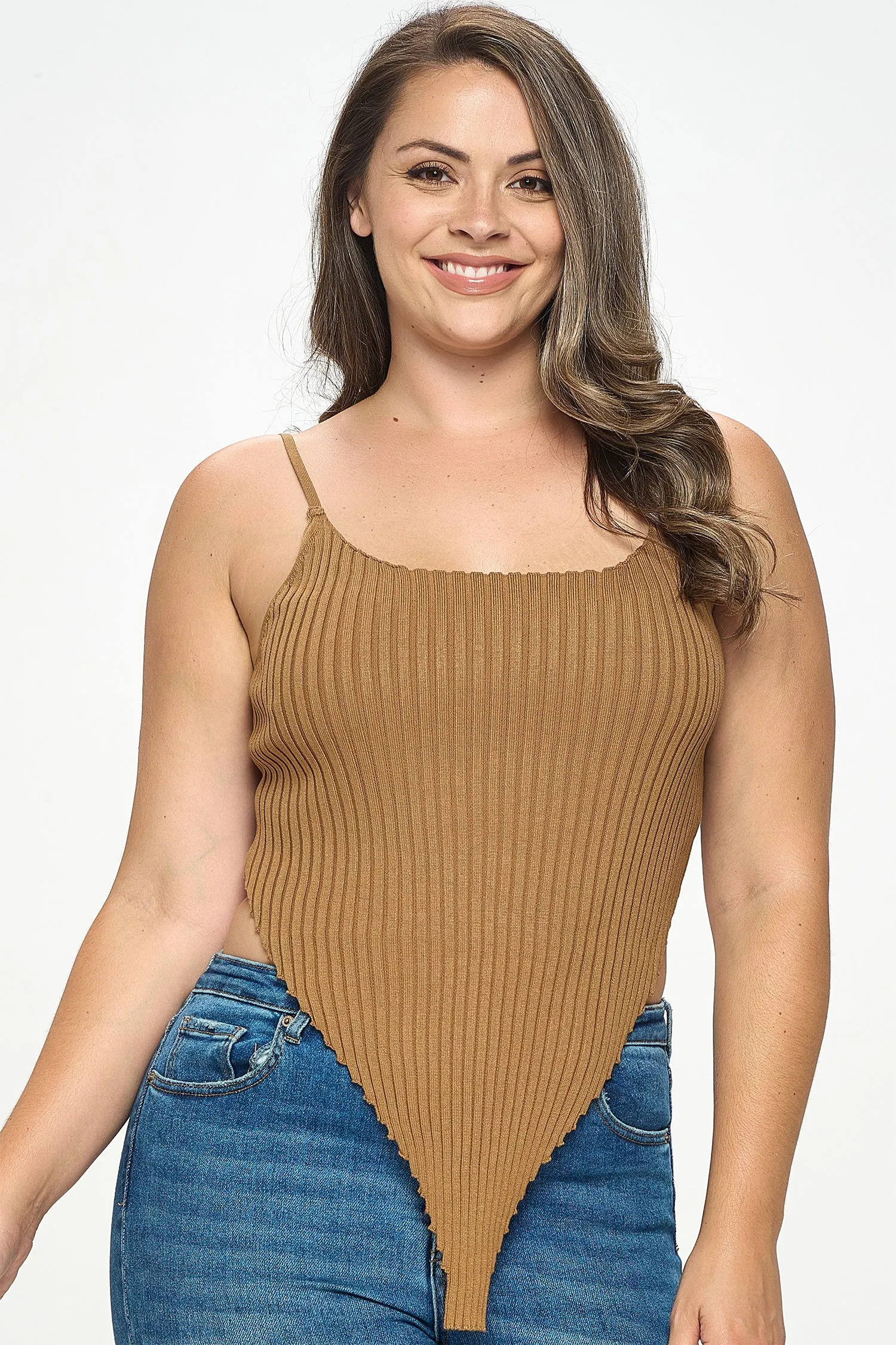 IT5673-PLUS | Tops | Junior Plus Rib Knit Asymmetric Hem Tank Top