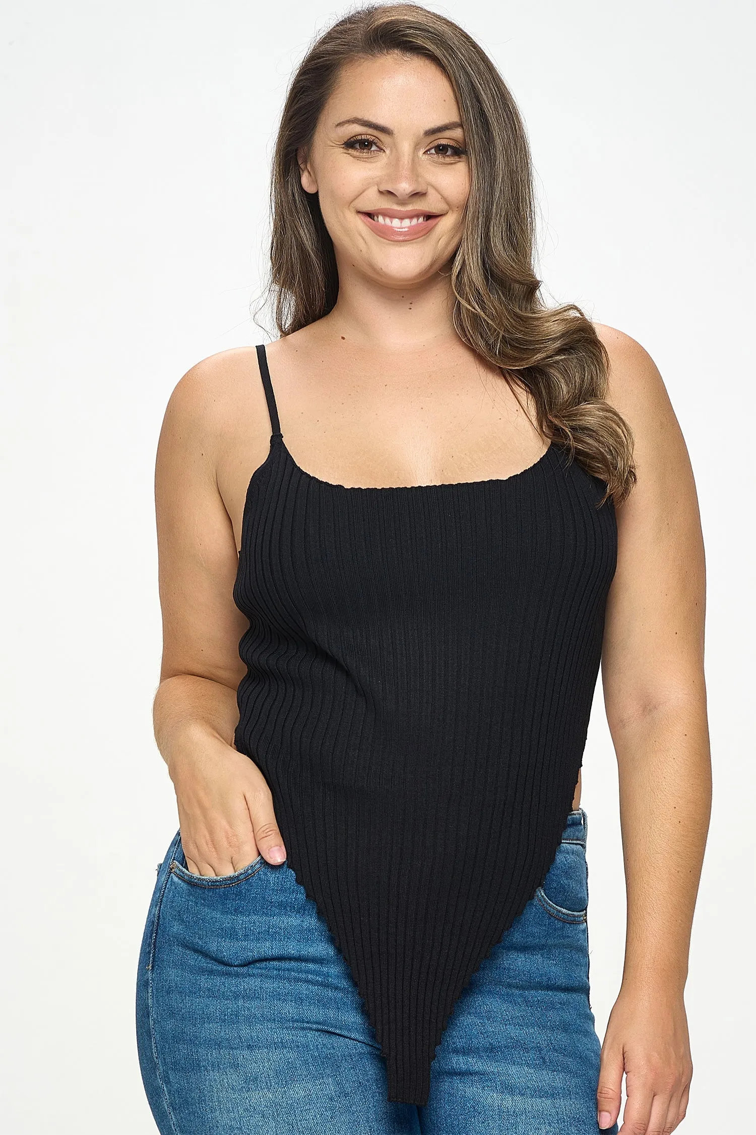 IT5673-PLUS | Tops | Junior Plus Rib Knit Asymmetric Hem Tank Top