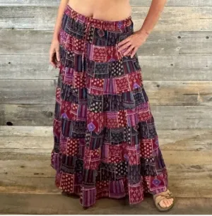 Jayli - "TEA FOR TWO MAXI" - Rayon Crepe Faux Patchwork Print Tiered Maxi Skirt