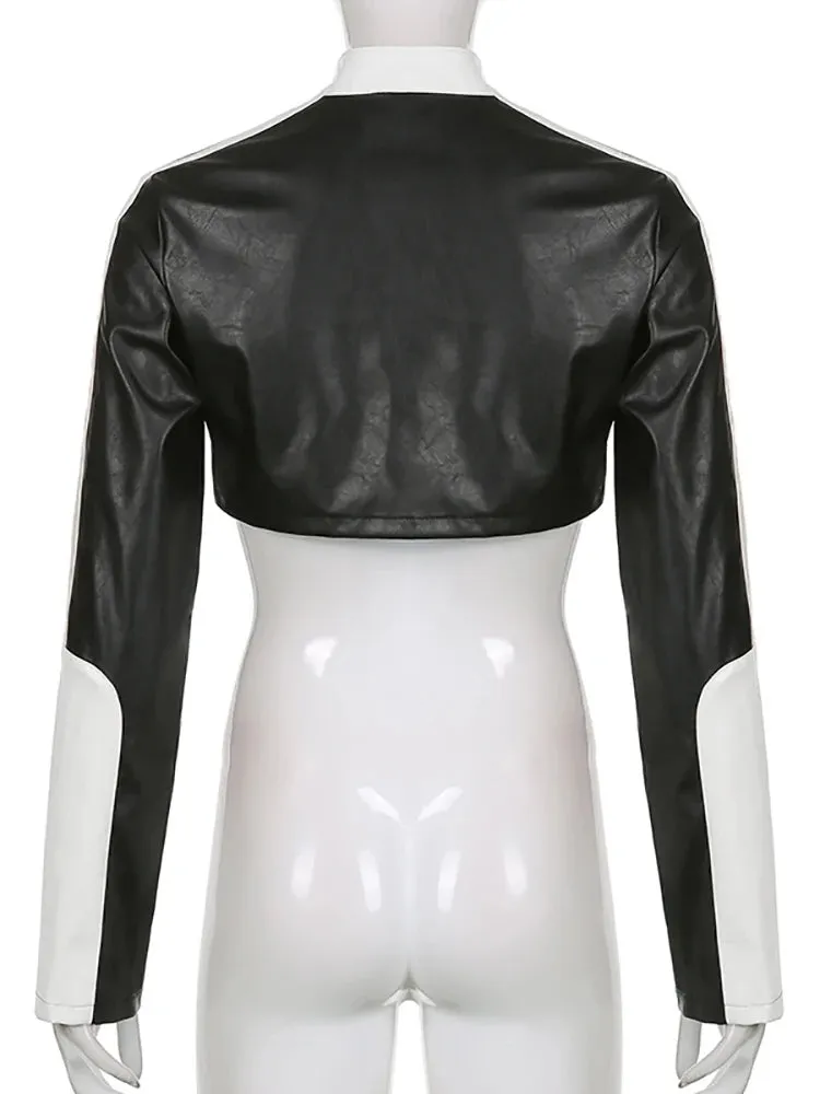 JazzHer 2024 Fall Fashion PU Leather Jackets Coats Women 2024 Autumn Patchwork Long Sleeve High Street Cropped Jackets Casual Motorcycle Y2K Tops