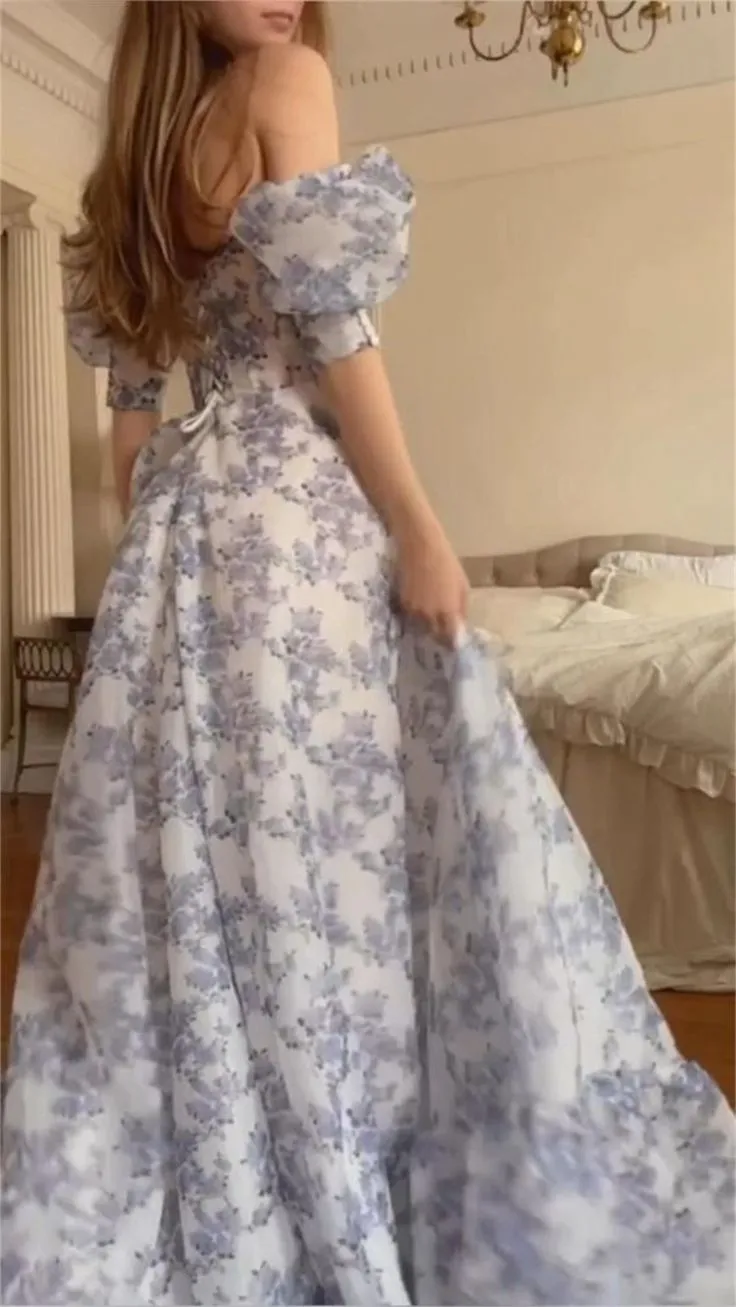 JazzHer Fancy High Low Sweetheart Short Sleeves Floral Prom Dresses Evening Dress With Ruffles (PRE-ORDER)