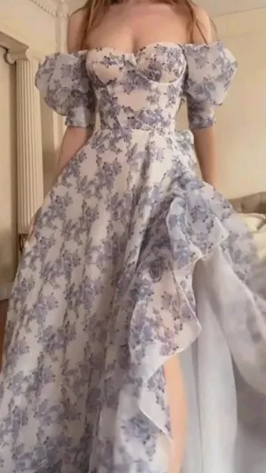JazzHer Fancy High Low Sweetheart Short Sleeves Floral Prom Dresses Evening Dress With Ruffles (PRE-ORDER)
