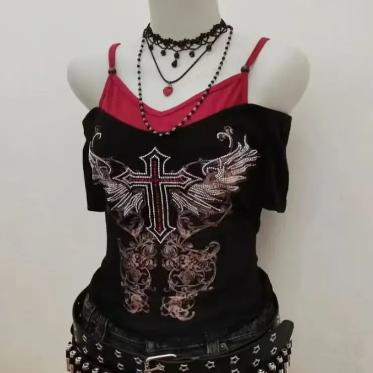 JazzHer Punk Vintage 90s Women Clothes Gothic Sexy Casual Grunge T Shirts Streetwear Crop Top Lace Aesthetic Femme Harajuku Y2k Clothing