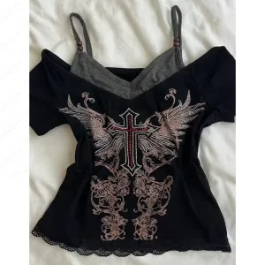 JazzHer Punk Vintage 90s Women Clothes Gothic Sexy Casual Grunge T Shirts Streetwear Crop Top Lace Aesthetic Femme Harajuku Y2k Clothing