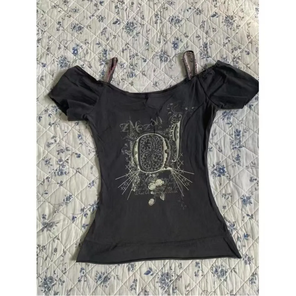 JazzHer Punk Vintage 90s Women Clothes Gothic Sexy Casual Grunge T Shirts Streetwear Crop Top Lace Aesthetic Femme Harajuku Y2k Clothing
