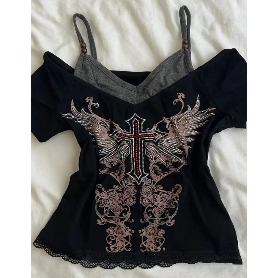 JazzHer Punk Vintage 90s Women Clothes Gothic Sexy Casual Grunge T Shirts Streetwear Crop Top Lace Aesthetic Femme Harajuku Y2k Clothing