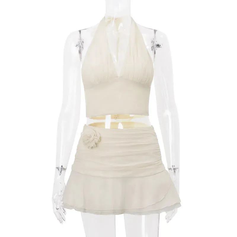 JazzHer Sexy Ruffle Skirt Two Piece Set Women Fashion Halter Crop Tops And Mini Skirt Matching Sets Club Party Two Piece Sets