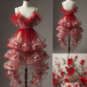 JazzHer Vintage High Low Spaghetti Straps Red Knee Length Homecoming Dress Lace Birthday Dresses (PRE-ORDER)