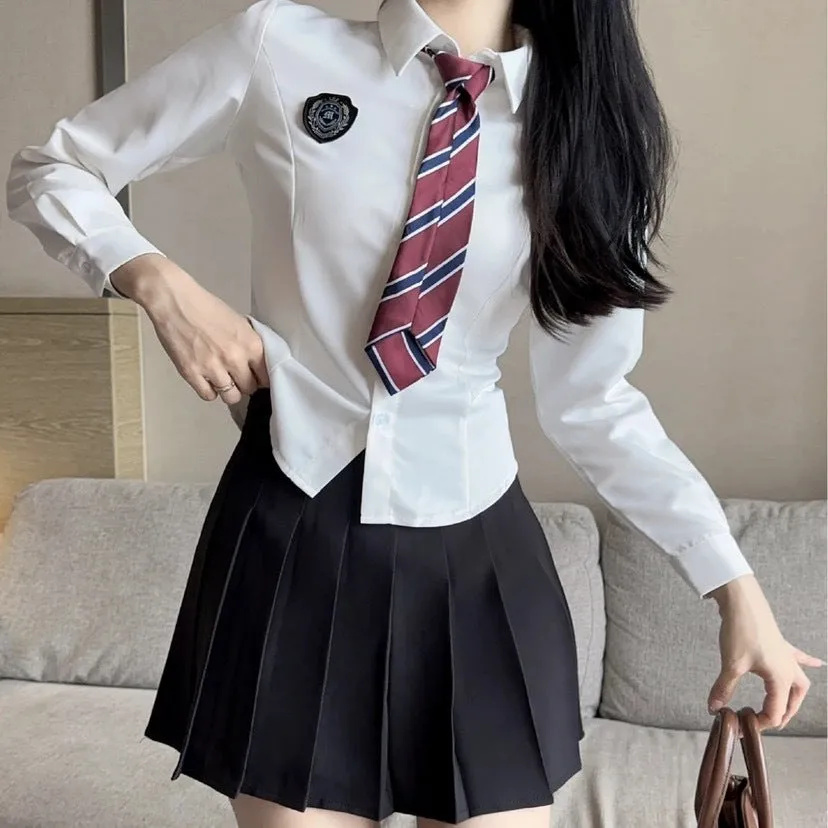 Jk Waist Trimming Shirt Women's Long-sleeved Hot Girl Pleated Skirt Uniform Suit