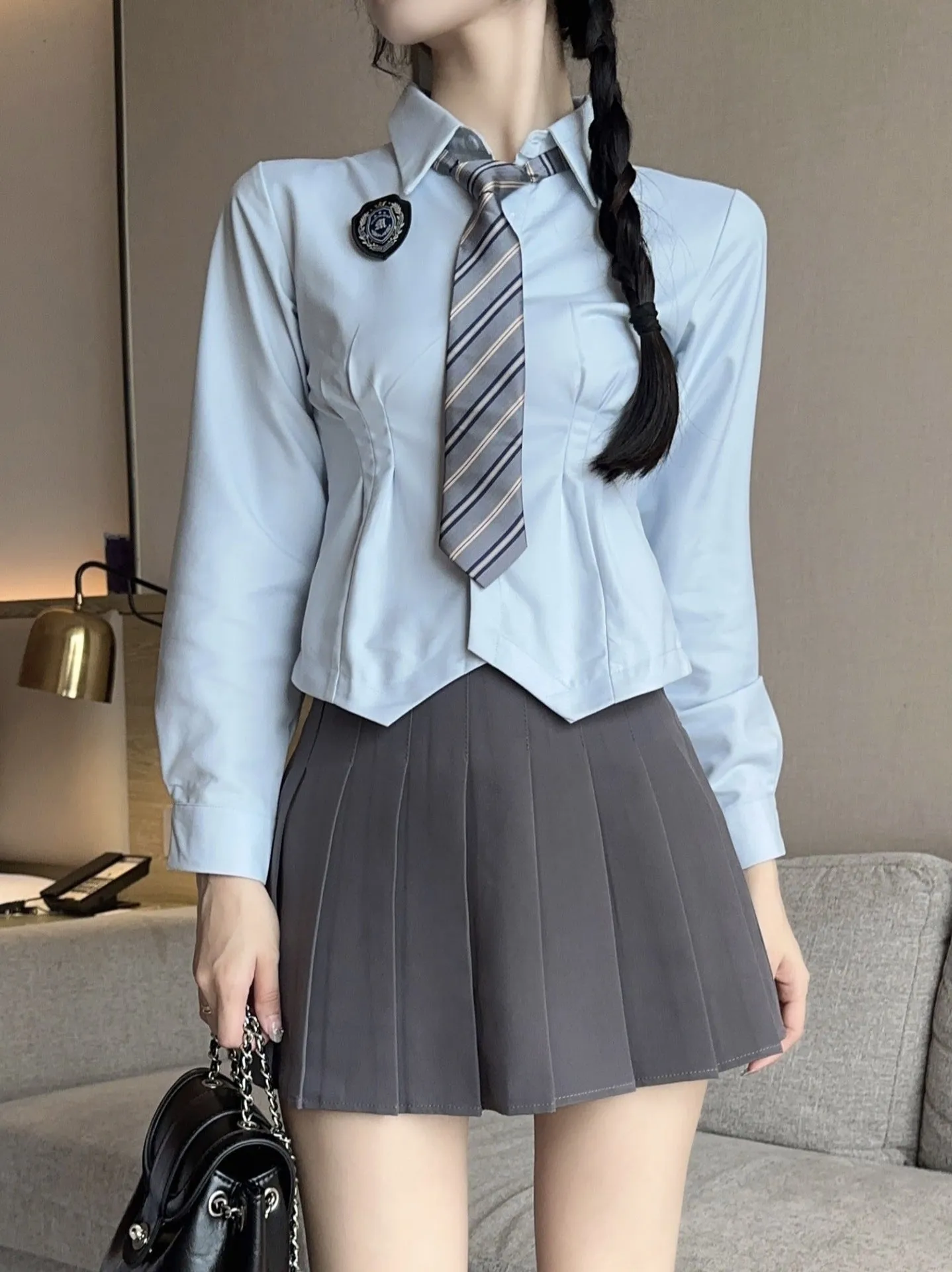 Jk Waist Trimming Shirt Women's Long-sleeved Hot Girl Pleated Skirt Uniform Suit