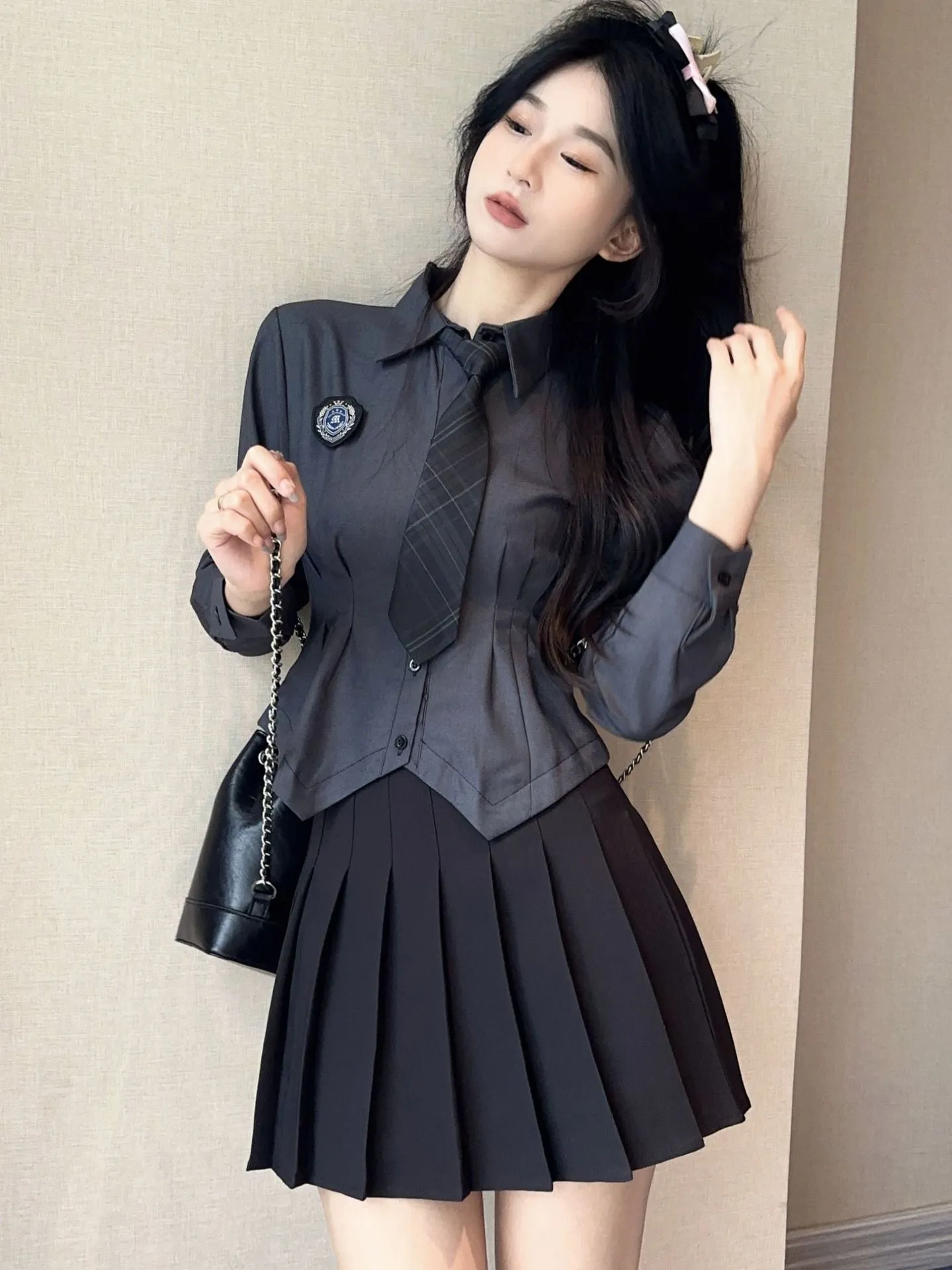 Jk Waist Trimming Shirt Women's Long-sleeved Hot Girl Pleated Skirt Uniform Suit