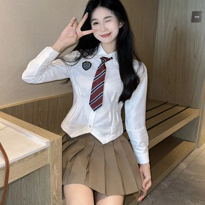 Jk Waist Trimming Shirt Women's Long-sleeved Hot Girl Pleated Skirt Uniform Suit