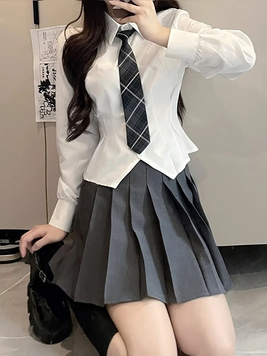 Jk Waist Trimming Shirt Women's Long-sleeved Hot Girl Pleated Skirt Uniform Suit