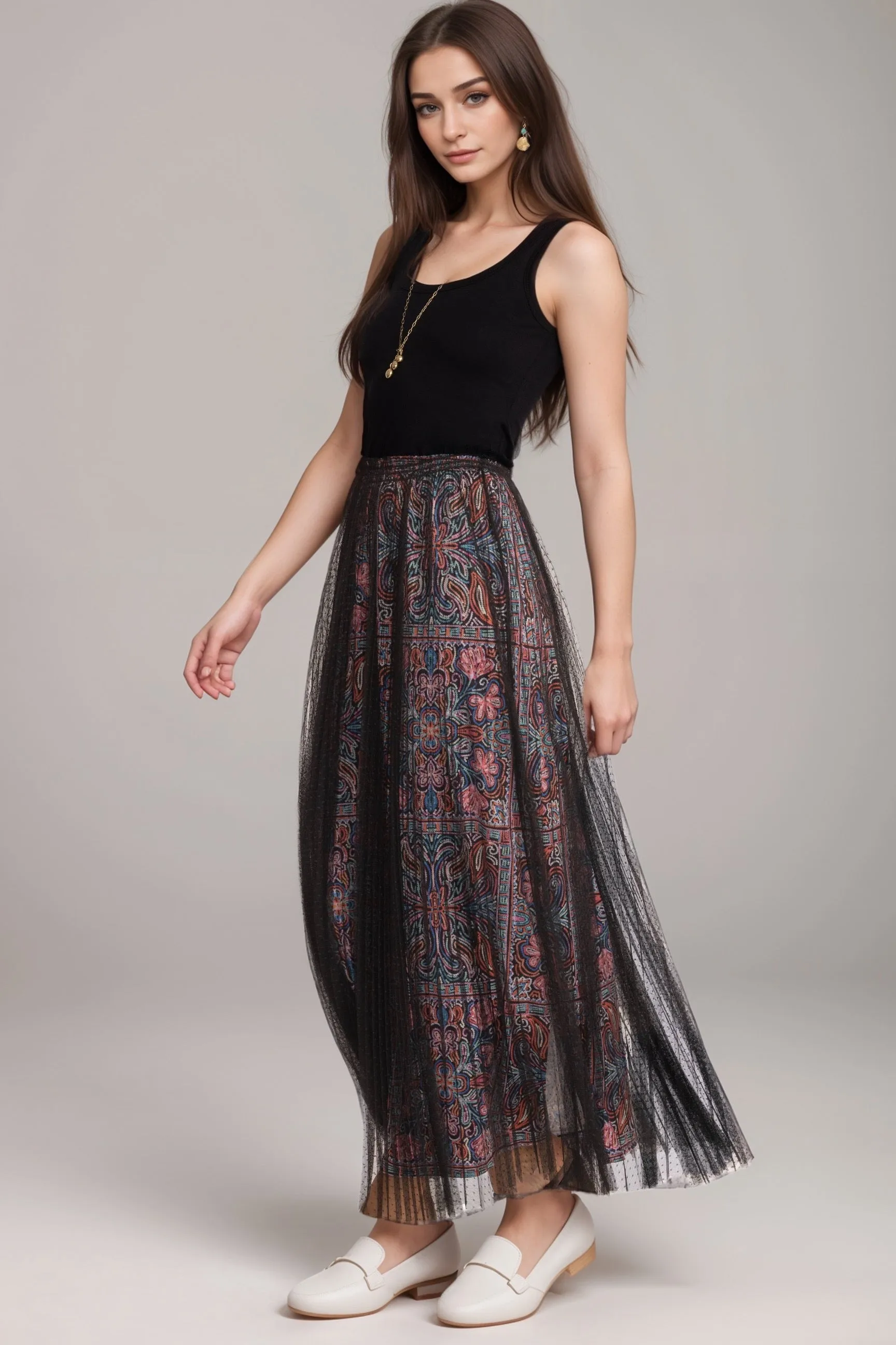 Johnny Was Jade Black Yolanda Pleated Mesh Maxi Skirt L71424