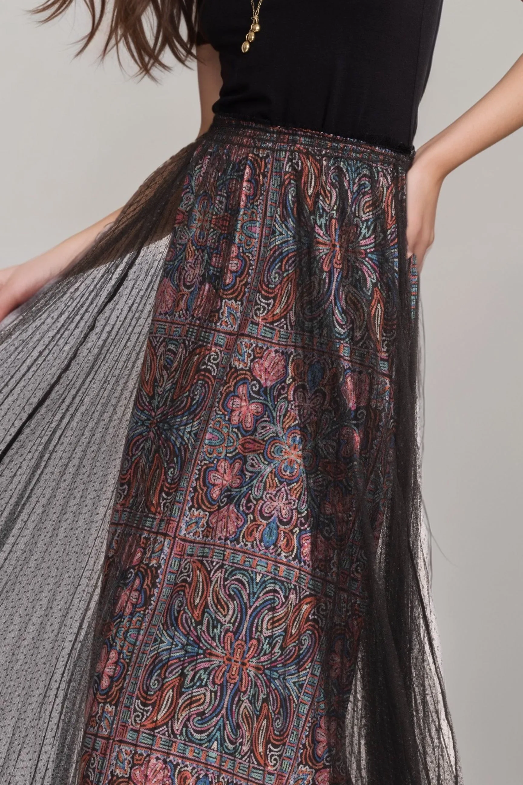 Johnny Was Jade Black Yolanda Pleated Mesh Maxi Skirt L71424