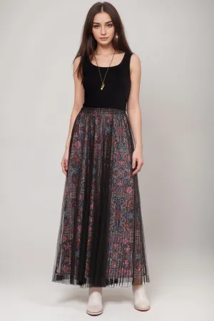 Johnny Was Jade Black Yolanda Pleated Mesh Maxi Skirt L71424