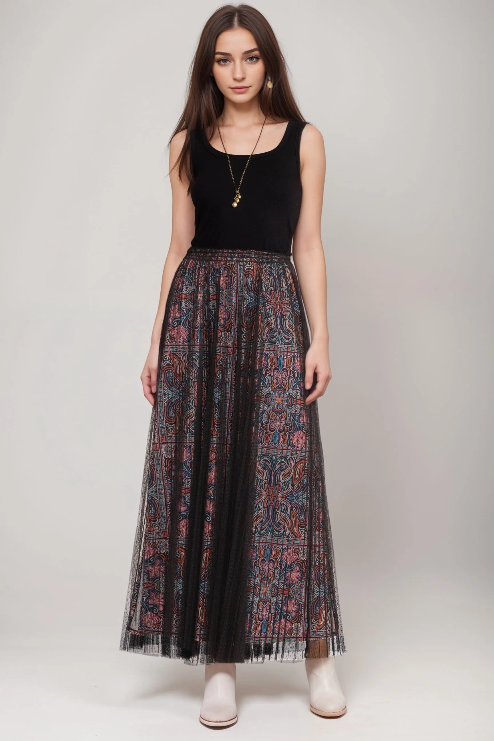 Johnny Was Jade Black Yolanda Pleated Mesh Maxi Skirt L71424