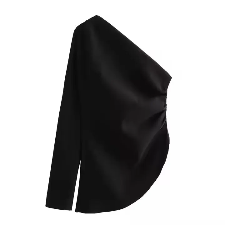 Journee Black Asymmetrical Long Sleeve Side Pleated Top