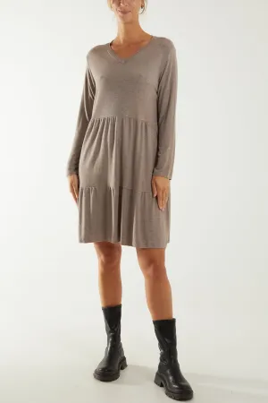 Knitted V-Neck Tiered Dress