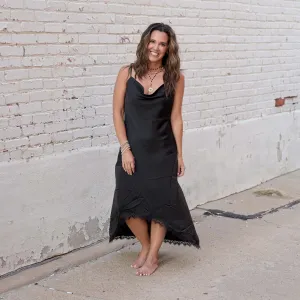 Lace-Trimmed High-Low Satin Dress