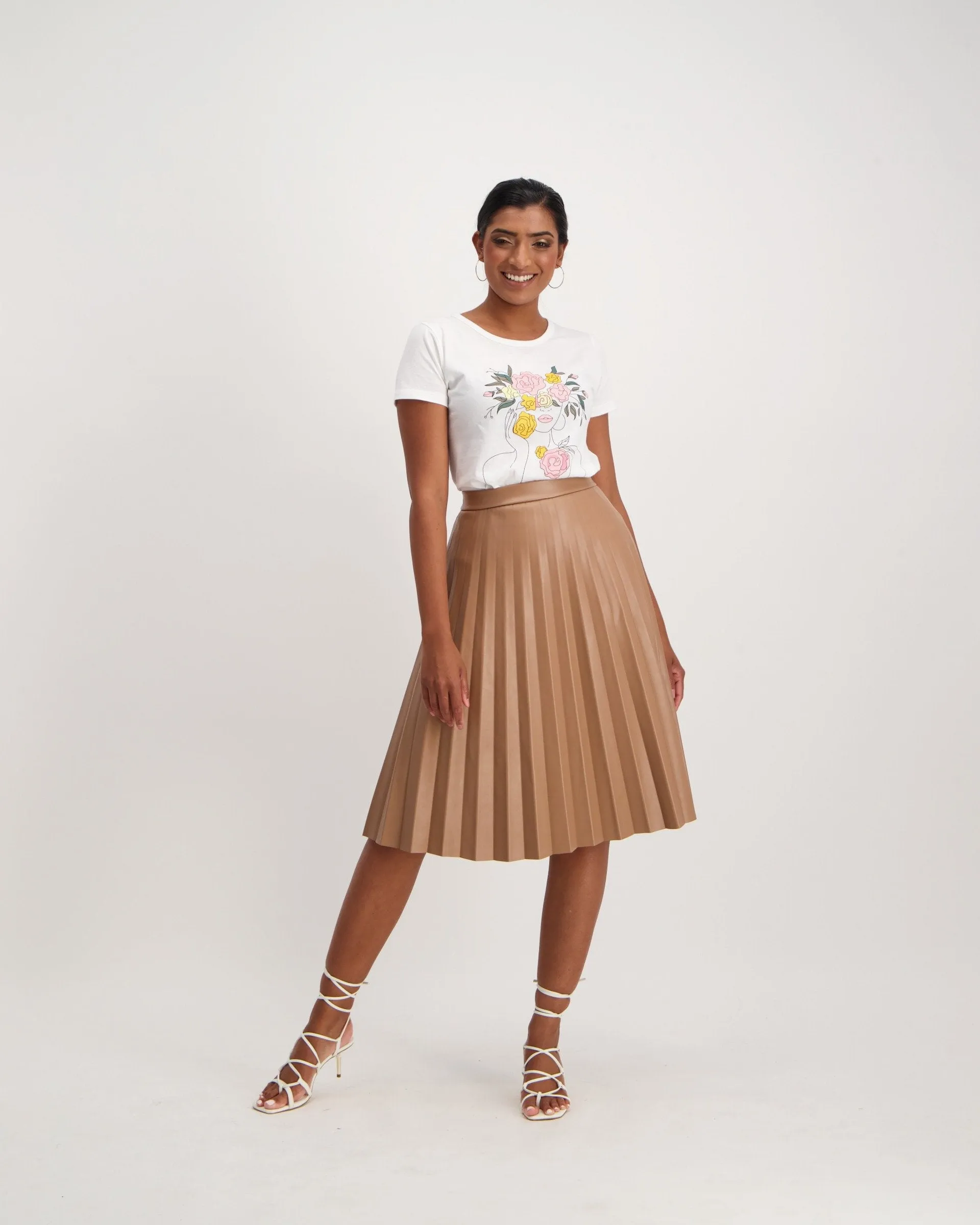 Ladies Pleated PU Midi Skirt - Tan