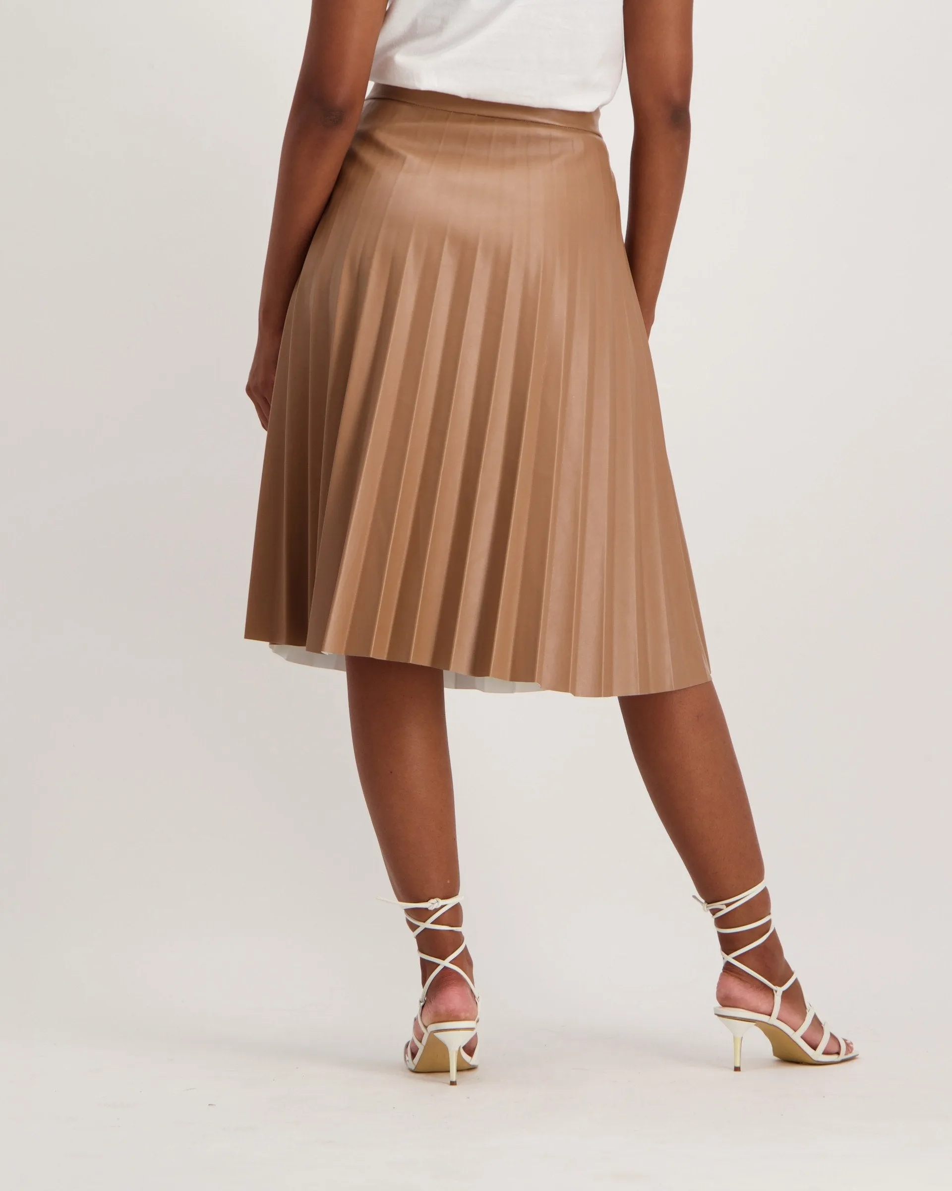 Ladies Pleated PU Midi Skirt - Tan