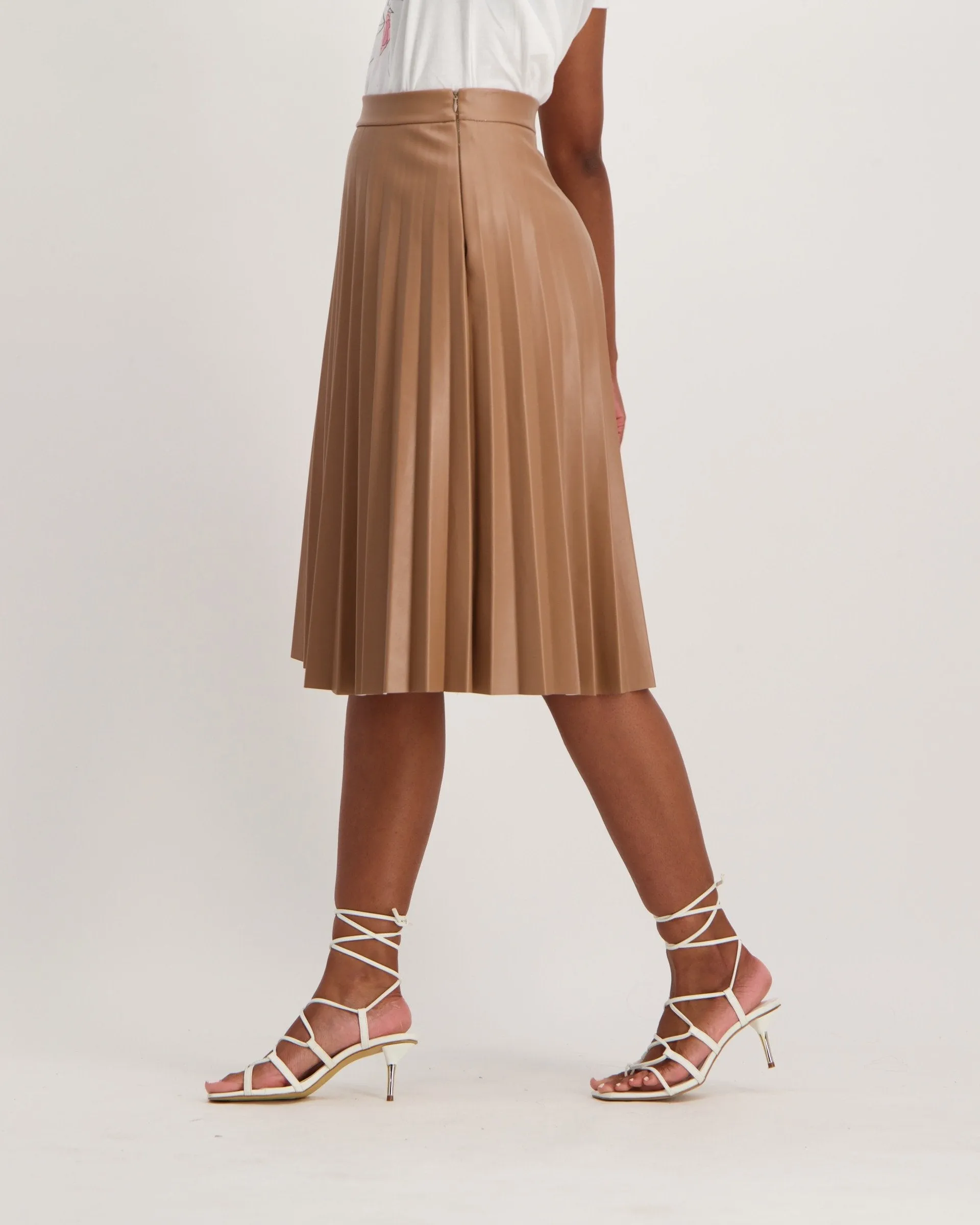 Ladies Pleated PU Midi Skirt - Tan