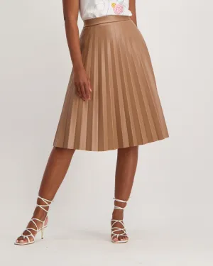 Ladies Pleated PU Midi Skirt - Tan