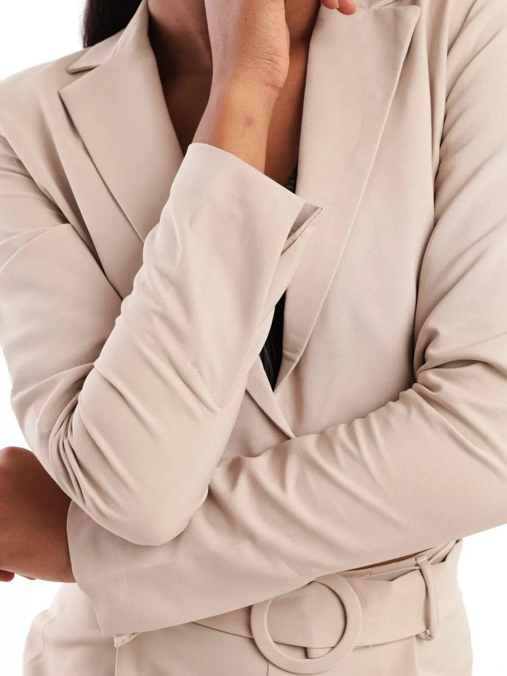 Ladies Slit Sleeve Cropped Blazer - Stone