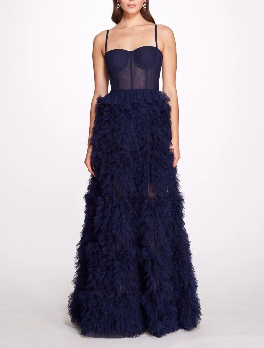 Layered Ruffles Tulle Ball Gown With Dot A-line Fluffy Prom Gown Elegant