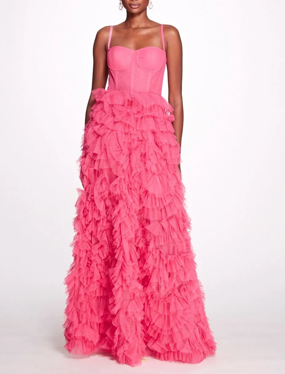 Layered Ruffles Tulle Ball Gown With Dot A-line Fluffy Prom Gown Elegant