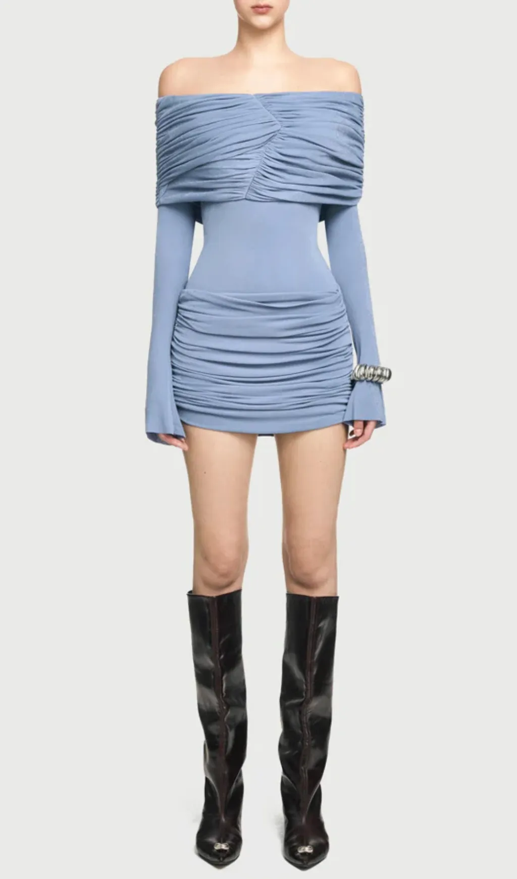 Lekeisha Off Shoulder Draped Mini Dress in Blue
