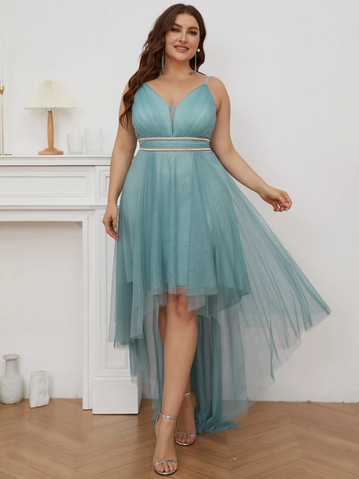 élégante robe de bal en tulle avec ceinture perlée(Vente finale)
