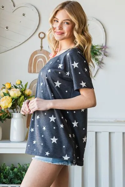 Liberty Star Print Asymmetrical Neck Short Sleeve Top - Online Exclusive
