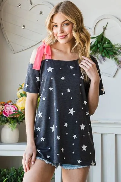 Liberty Star Print Asymmetrical Neck Short Sleeve Top - Online Exclusive