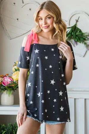 Liberty Star Print Asymmetrical Neck Short Sleeve Top - Online Exclusive