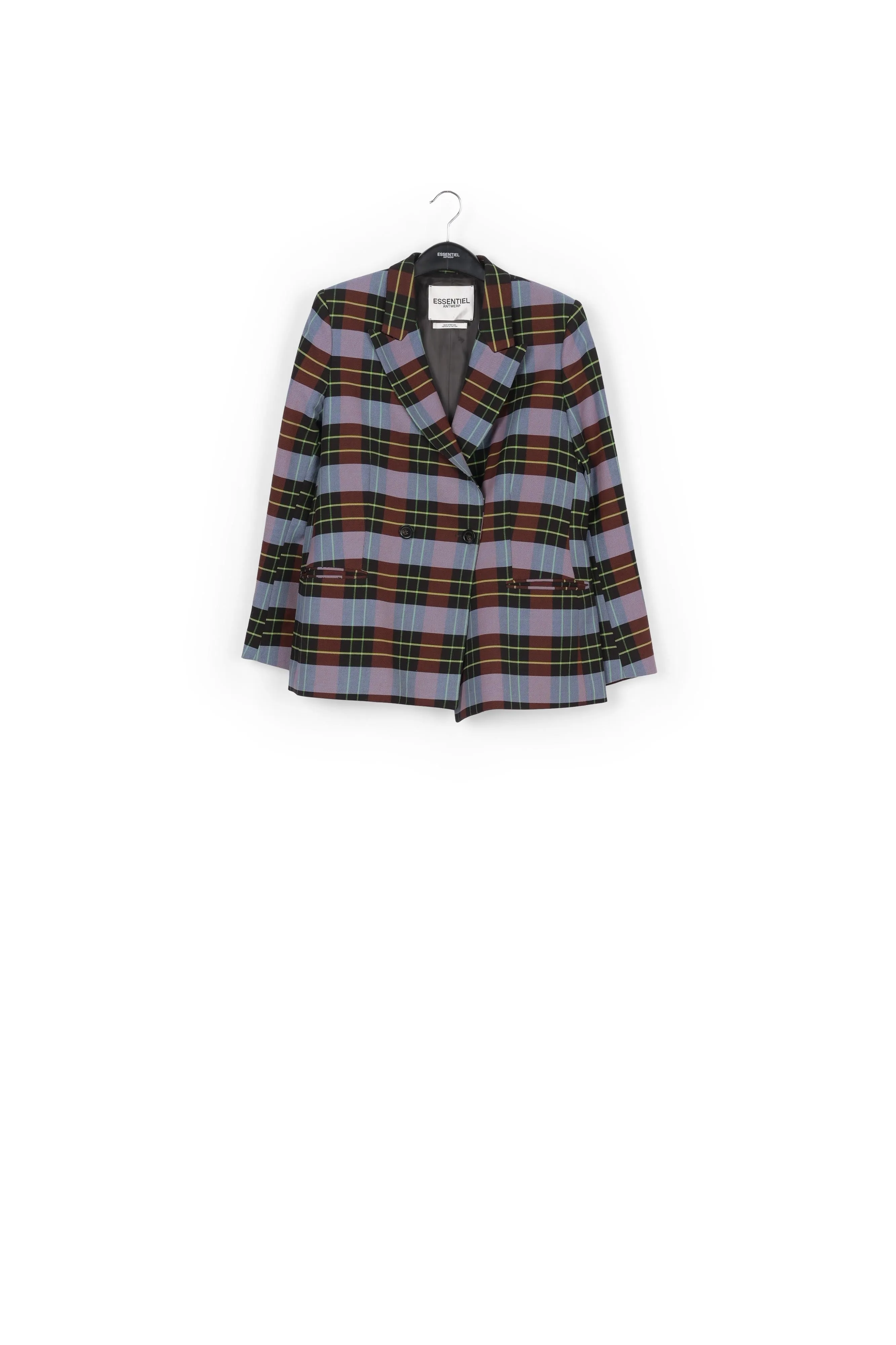 Light blue, burgundy and black plaid double-breasted blazer