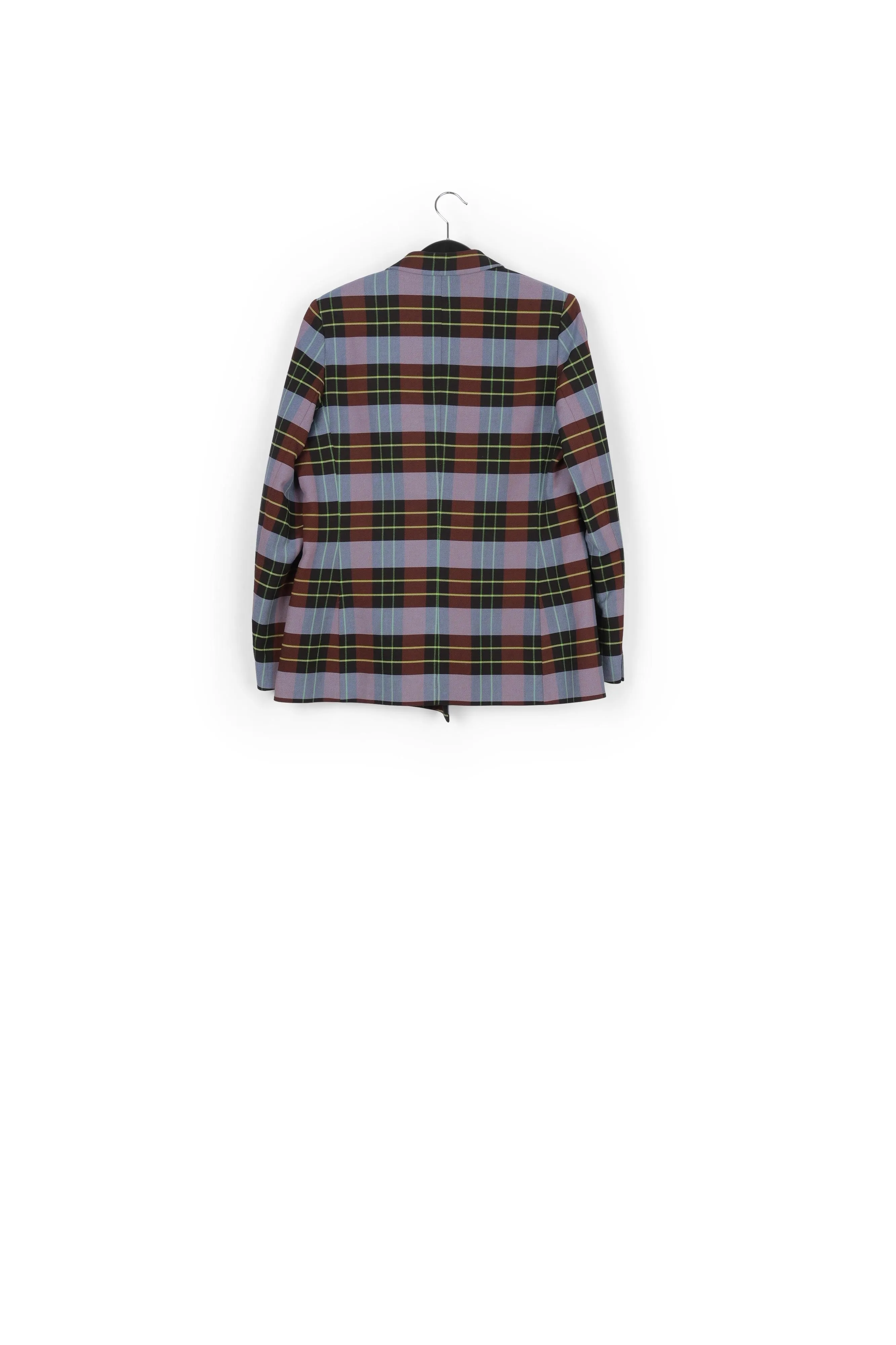 Light blue, burgundy and black plaid double-breasted blazer