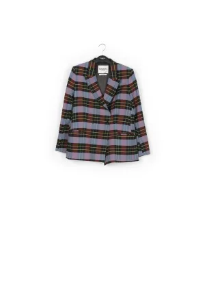 Light blue, burgundy and black plaid double-breasted blazer