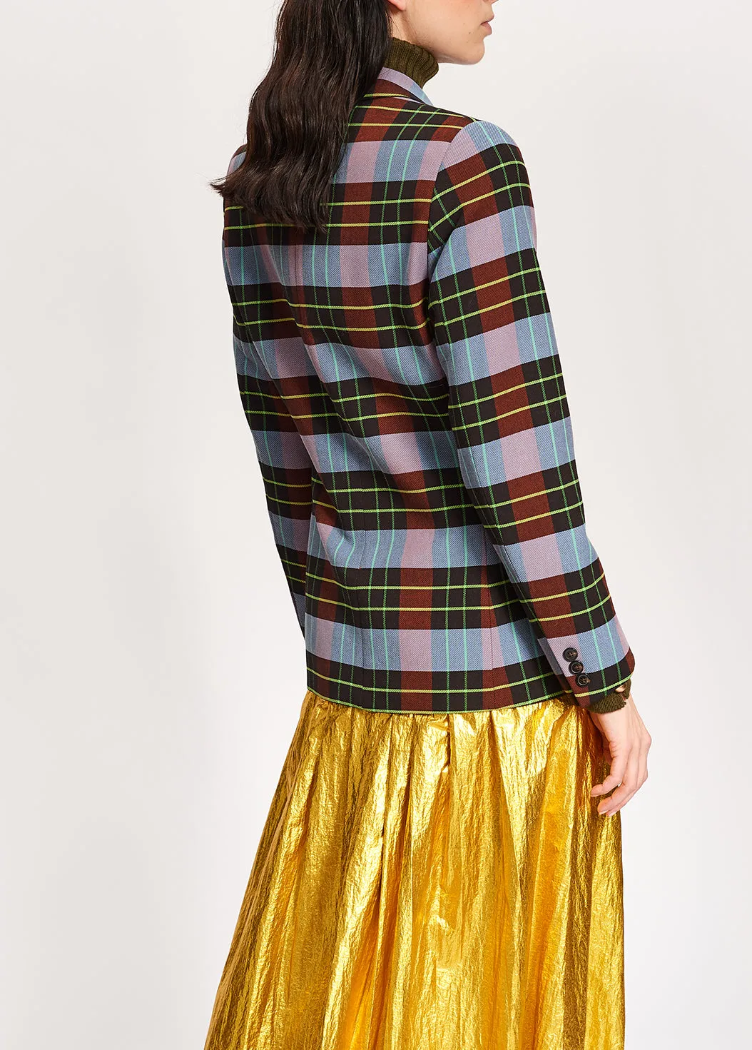 Light blue, burgundy and black plaid double-breasted blazer