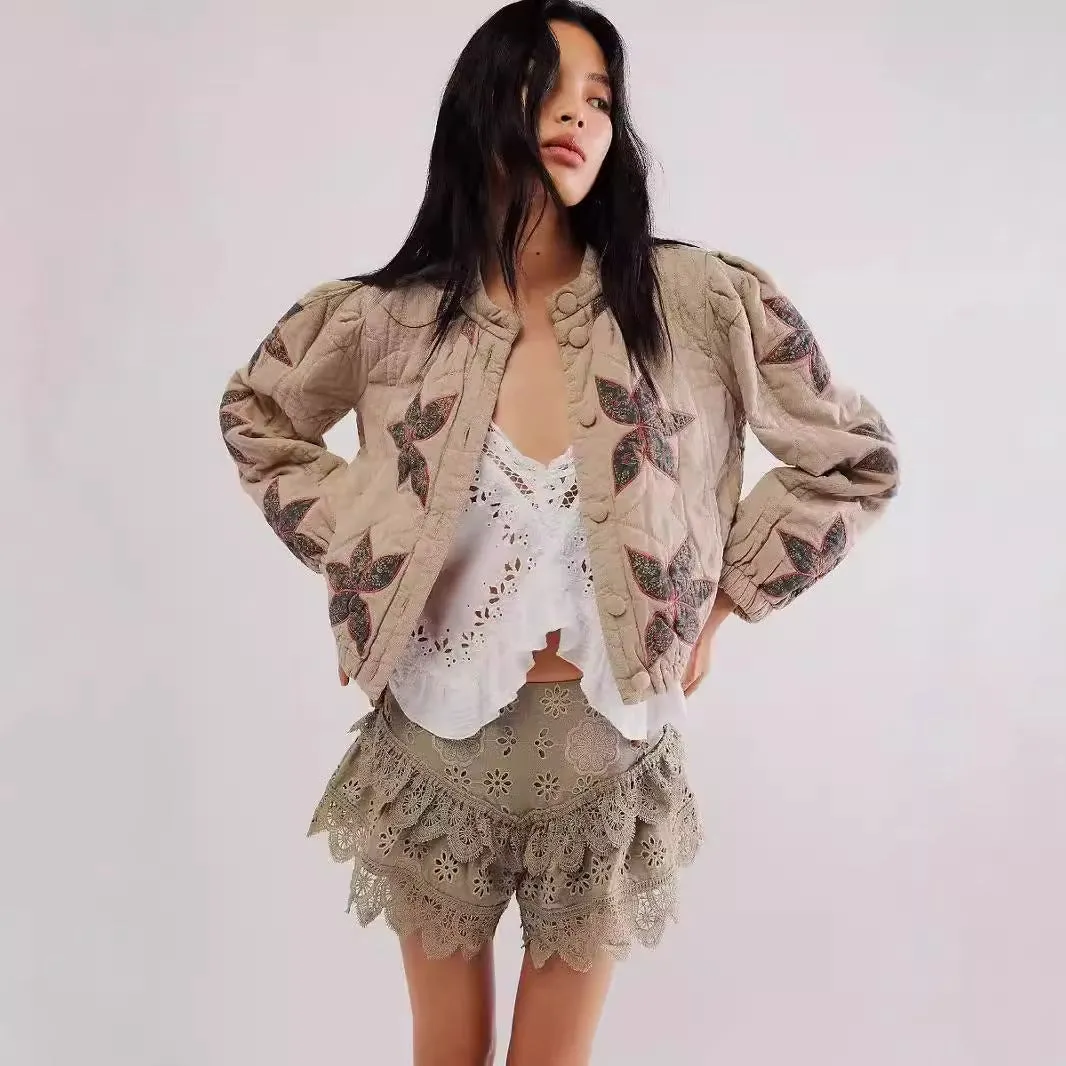 Lilia™ | Maple Leaf Patchwork Quilted Cropped Jacket