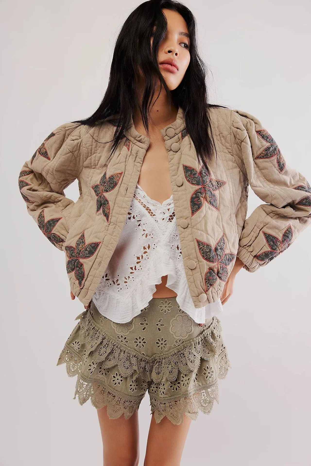 Lilia™ | Maple Leaf Patchwork Quilted Cropped Jacket