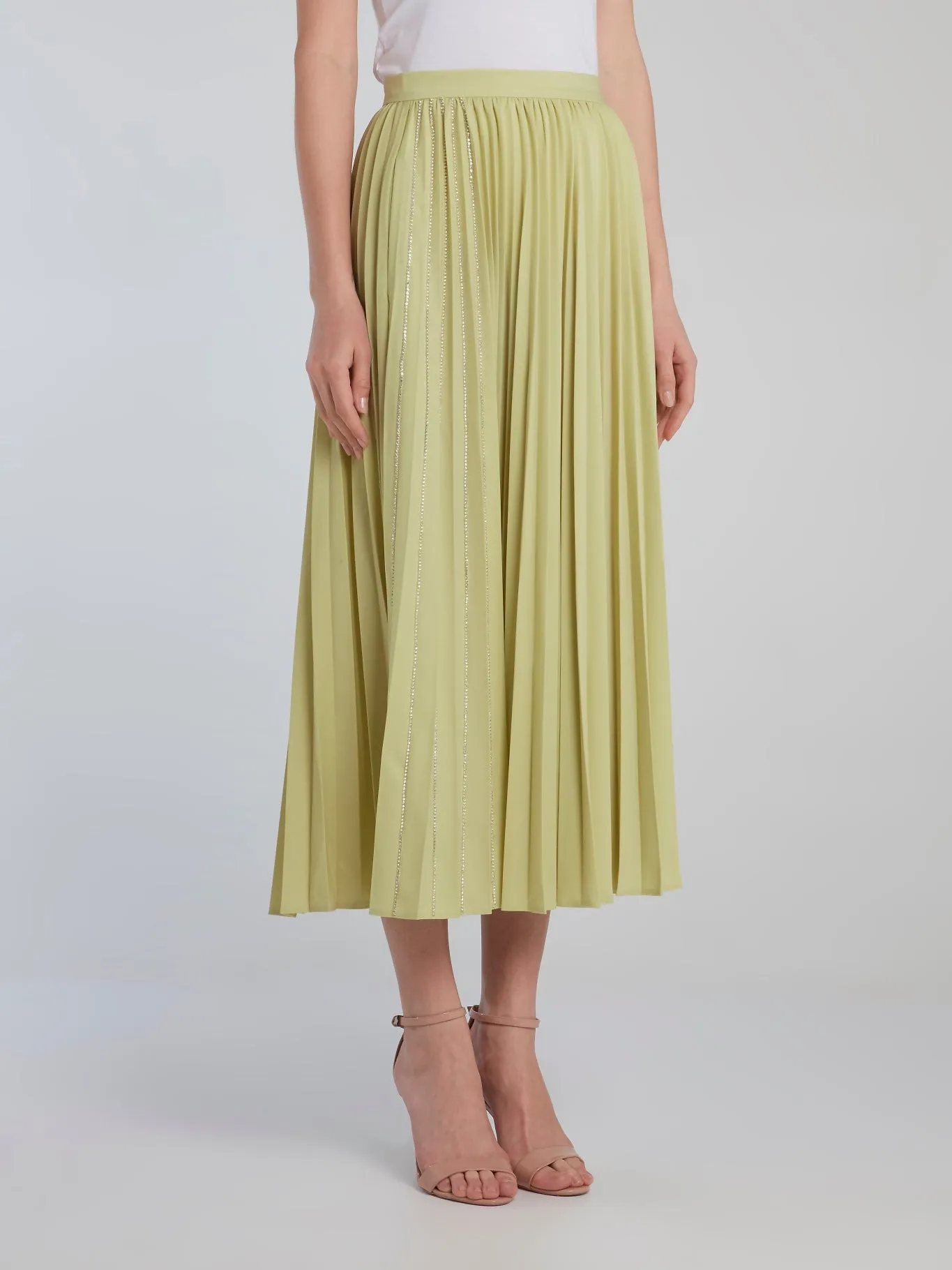 Lime Crystal Studded Accordion Midi Skirt