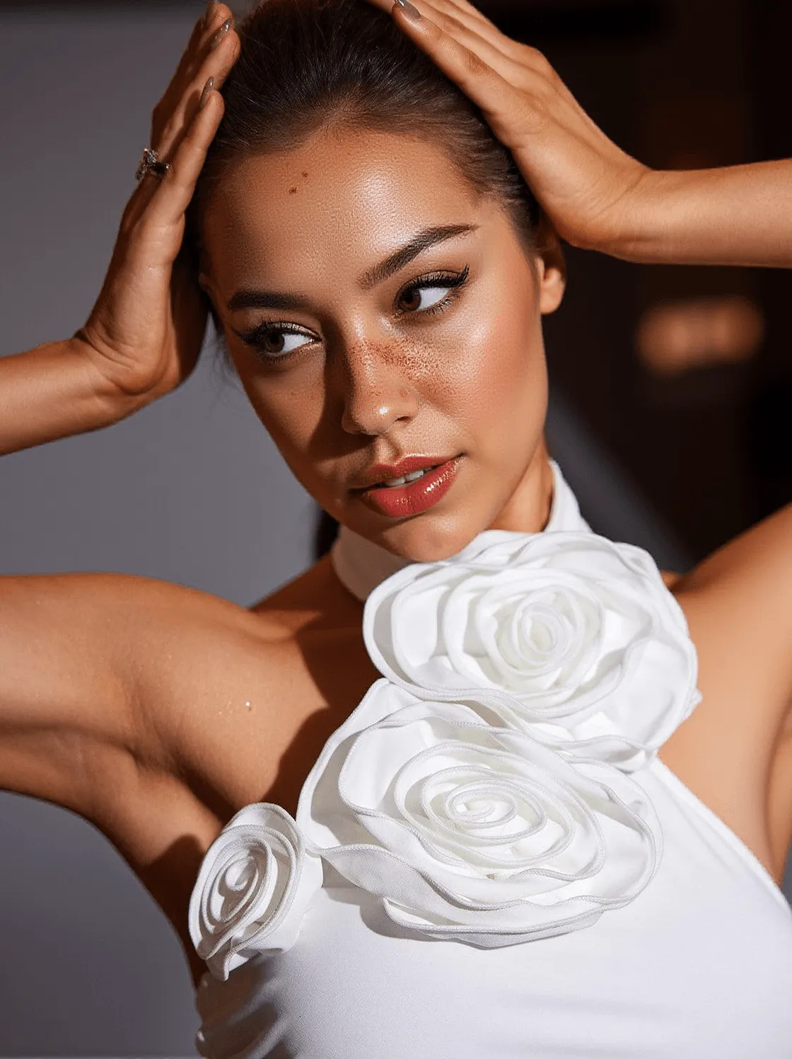 Lincoln Halterneck Draped Flower Maxi Dress In White