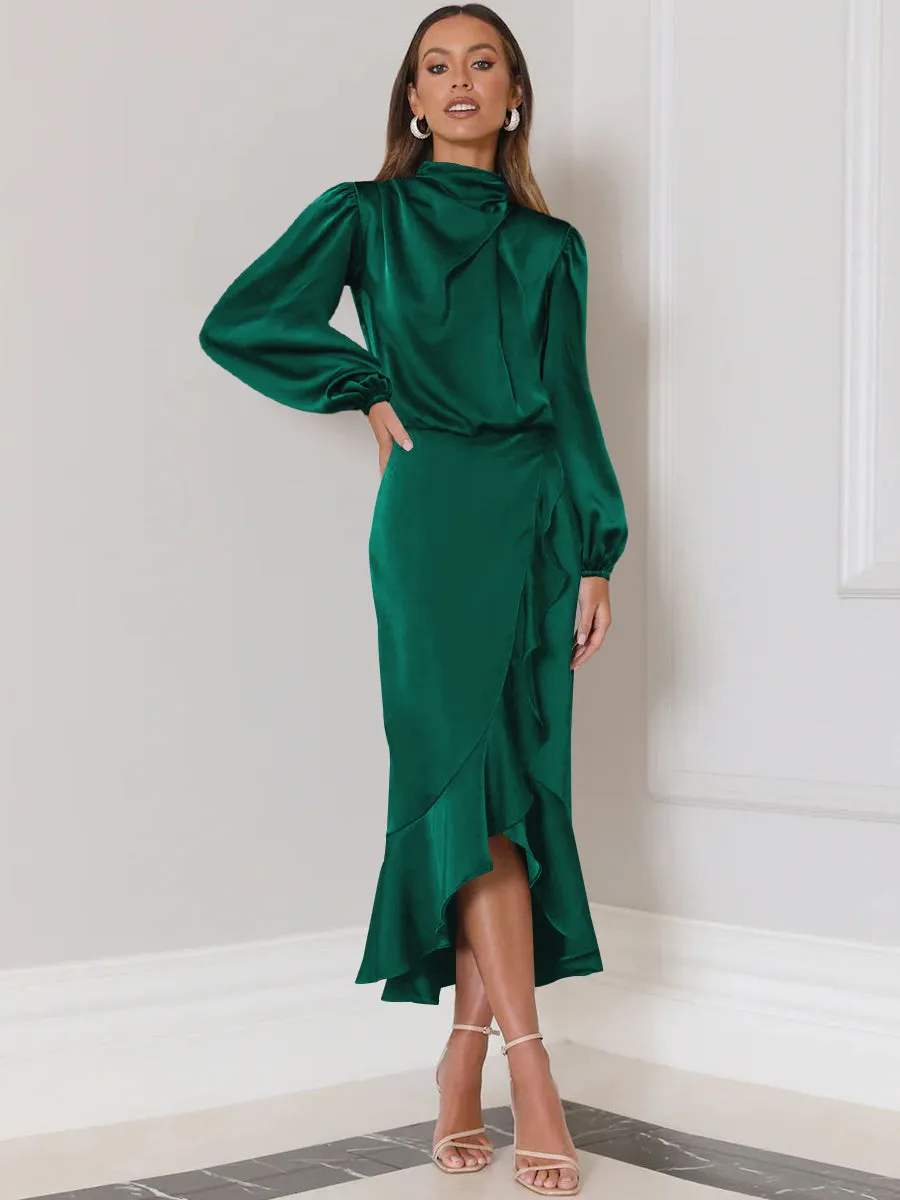Lissell Satin High Low Midi Dress - Emerald