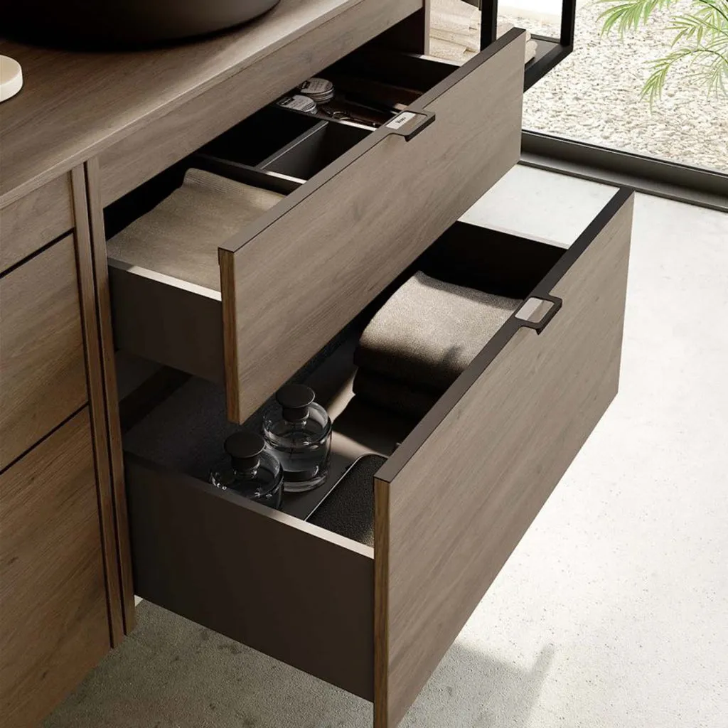 Logika 2 Drawers And 1 Wardrobe Bathroom Vanity with Mineral Countertop - Wall Mount - 80" Mdf/Eternity Oak/Inox