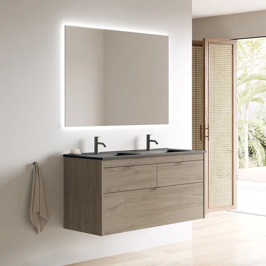 Logika 3 Drawers Bathroom Vanity with Ceramic Double Sink - Wall Mount - 48" Mdf/Eternity Oak/Inox