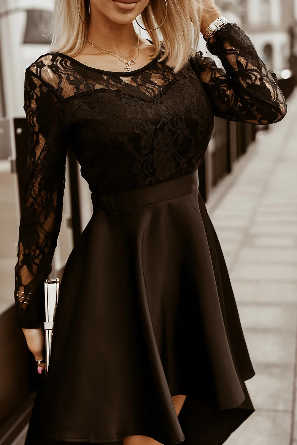 Long Sleeve Lace High Low Satin Prom Gown